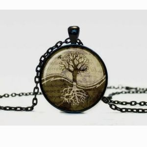 New Yin and Yang Tree of Life Black Glass Cabochon Necklace.